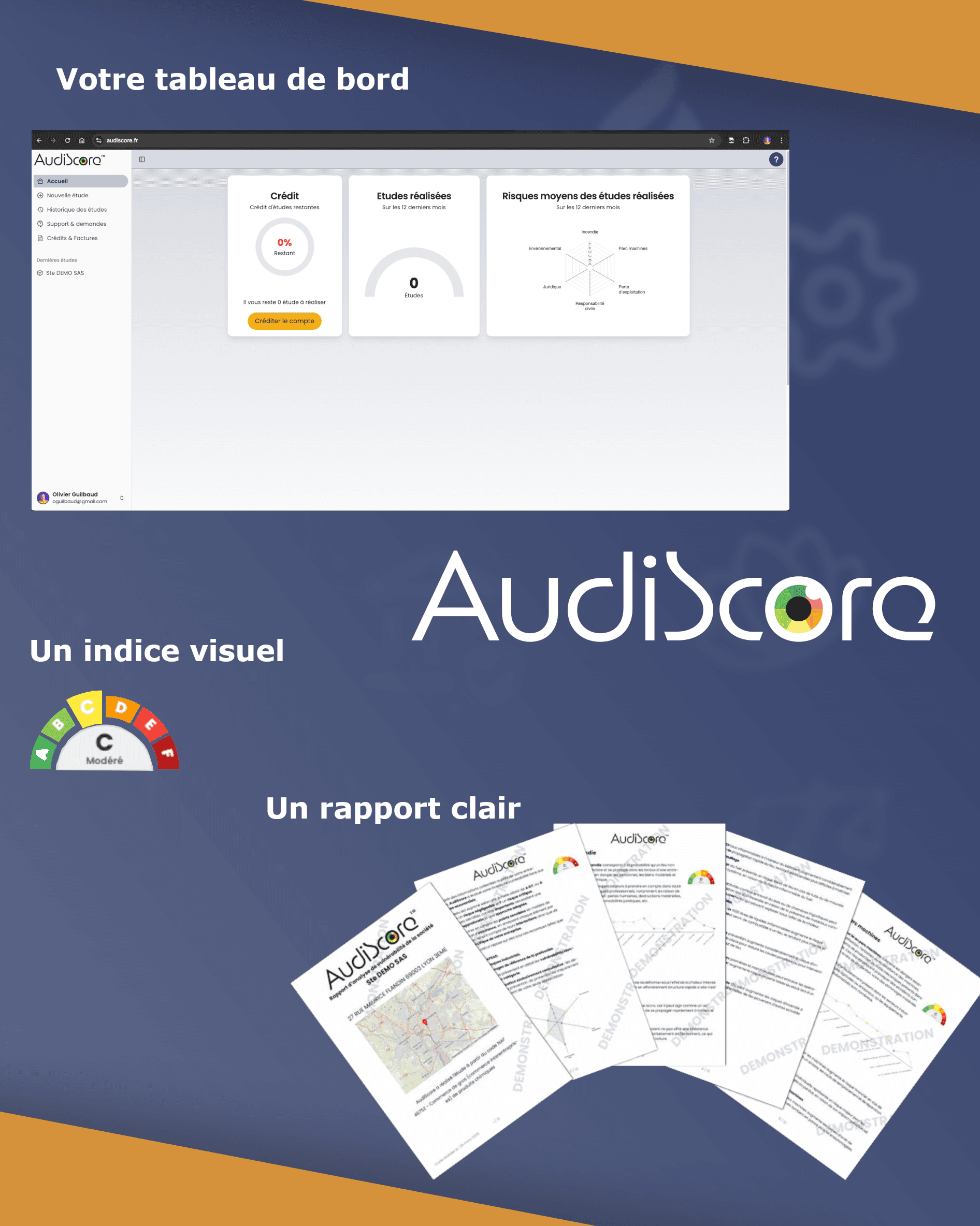 Tableau de bord AudiScore pour courtiers : scoring des risques entreprise de A à F, graphiques par catégorie et rapport PDF professionnel